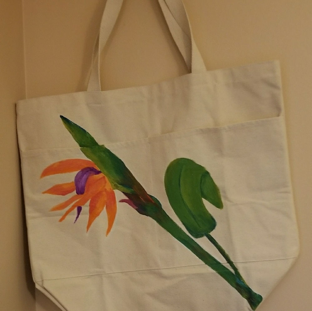 Beige Fabric bag with painted paradise bird flower
